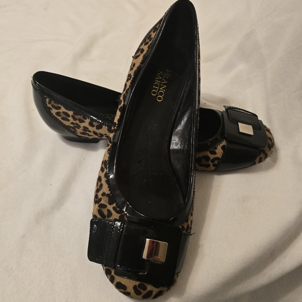 Franco Sarto Real Leopard Print Fur and Black Patent Ballet Flats